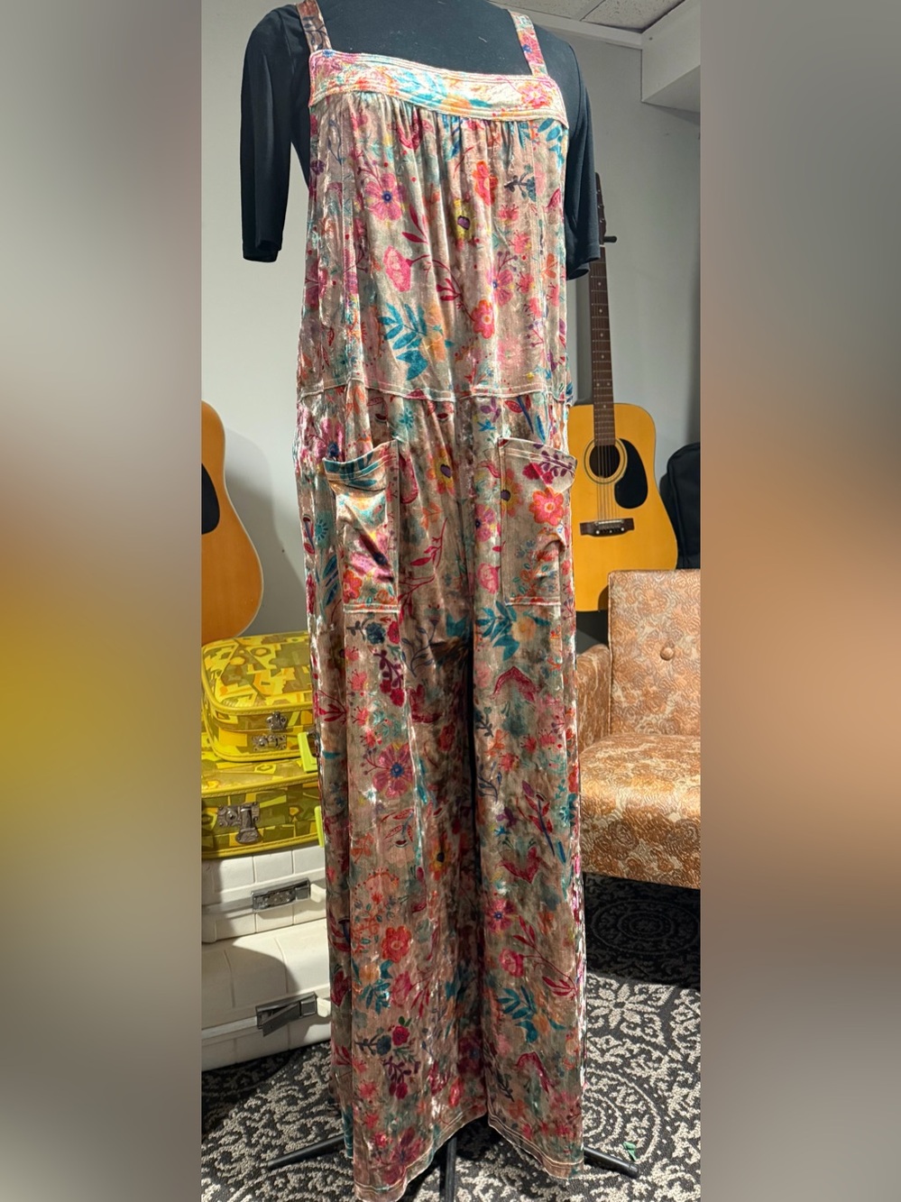 Floral Velvet Wide-Leg Jumpsuit in Multicolor